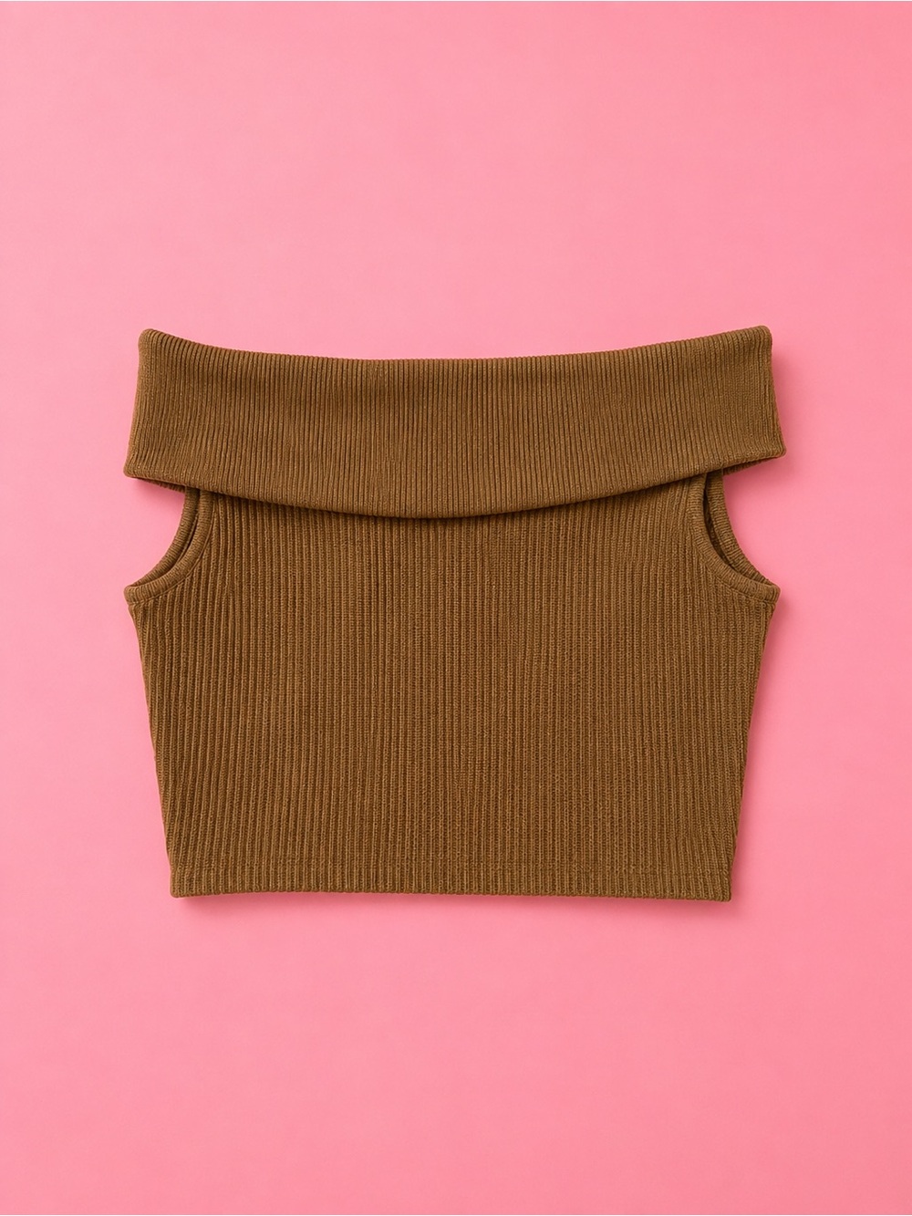 Off-Shoulder Ribbed Crop Top in Olive Brown